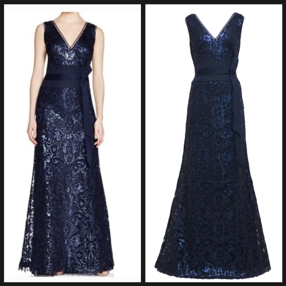 Tadashi Shoji Navy Blue V Neck Sequin Embellished Gown